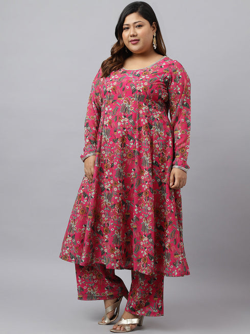 Plus Size Pink Georgette Kurta With Palazzo and Dupatta